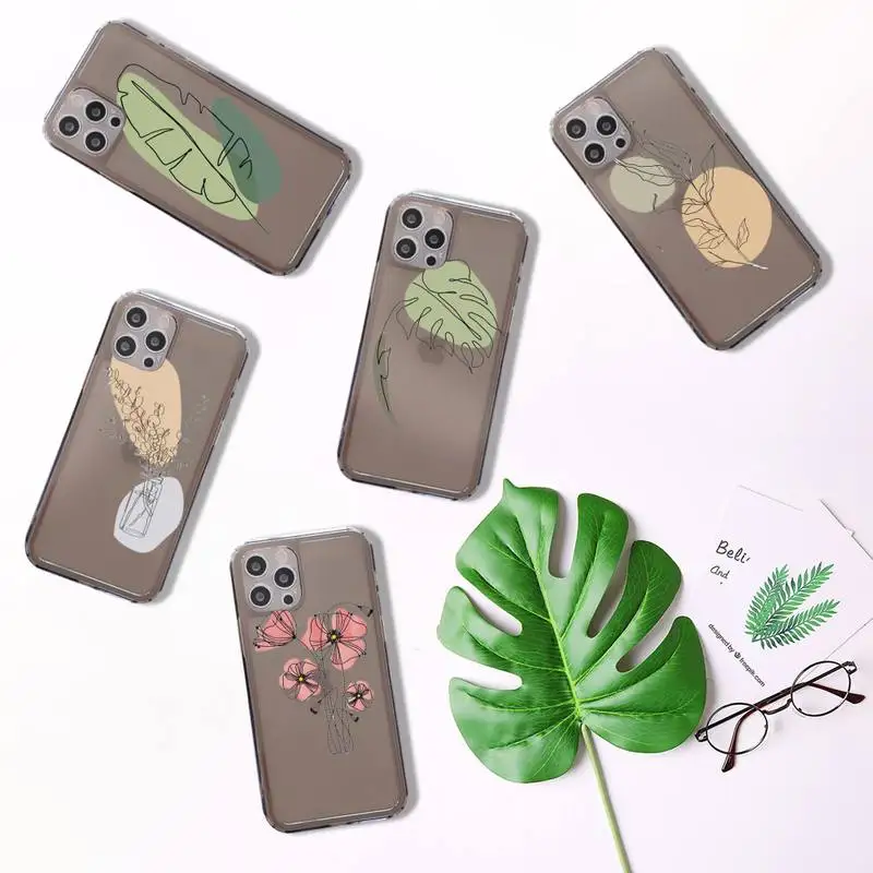 

Art leaf flower design retro Phone Case For iPhone 7 8 11 12 X XS XR MINI Pro Max Plus Retro Black Grey clear transparent