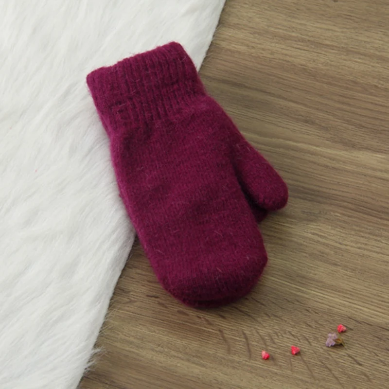 wine red Зимние Утепленные двухслойные перчатки из кроличьего меха, вязаные теплые рукавицы в рубчик - Цвет: wine red