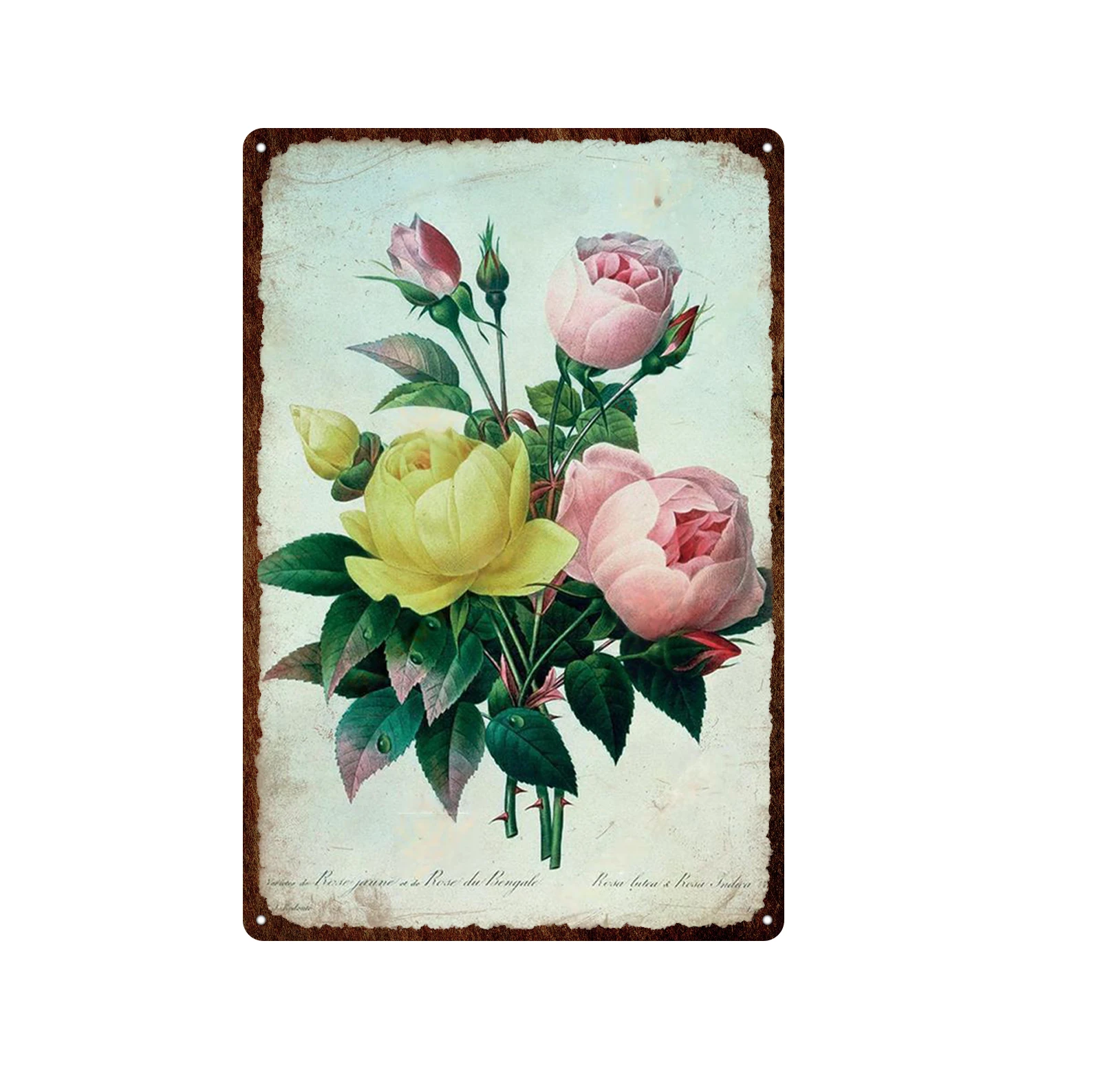 

20x30cm Customizable Retro Tinplate Lavender Rose Flower Tinplate Painting Exquisite Princess Room Decorative Metal Art Painting
