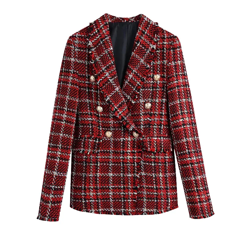 

Women 2021 Fashion Double Breasted Tweed Check Blazer Coat Vintage Long Sleeve Frayed Trims Female Outerwear Chic Tops