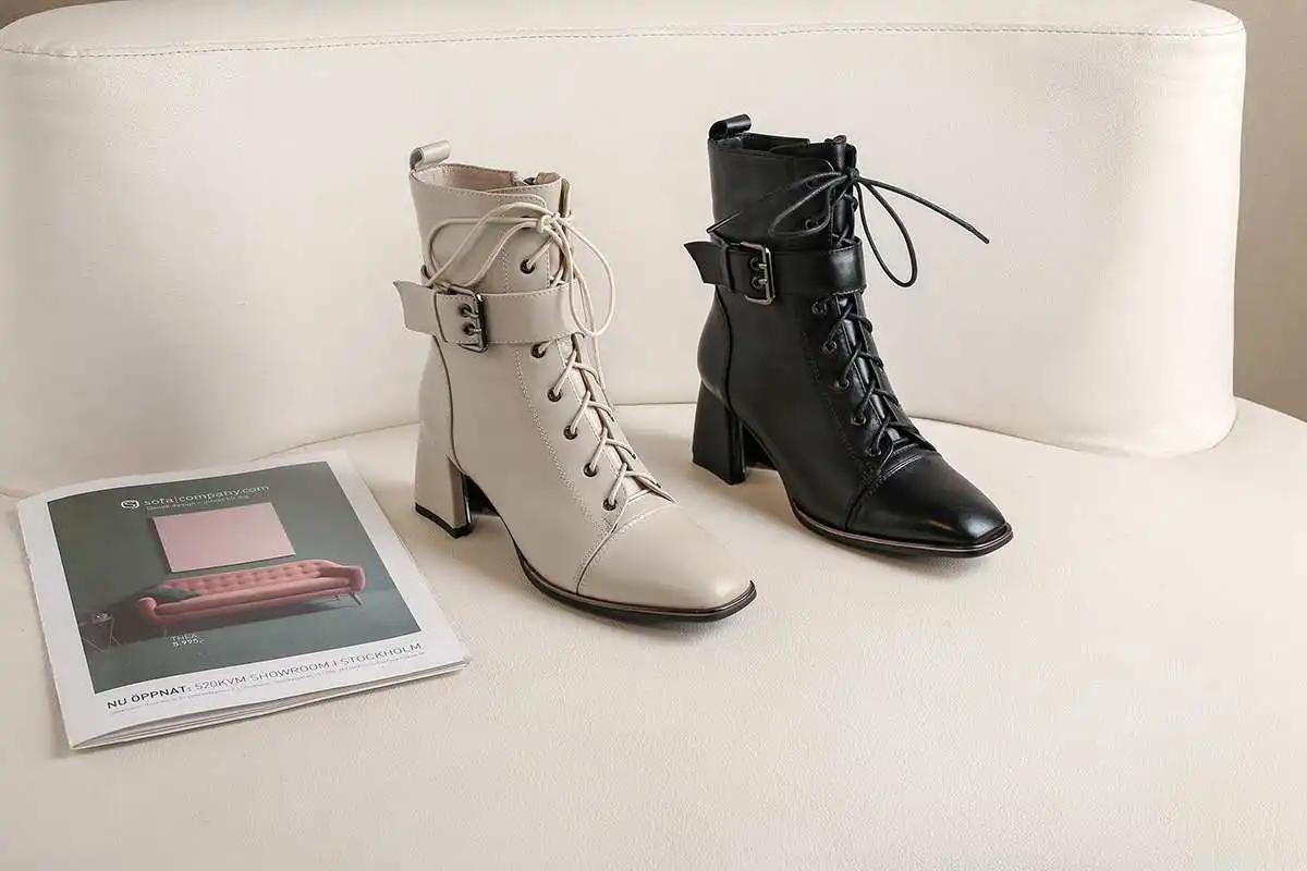 Krazing Pot/офисные женские ботильоны из натуральной кожи с квадратным носком, на шнуровке, с ремешком и пряжкой, на высоком каблуке; зимние теплые женские ботильоны черного цвета; L4f3