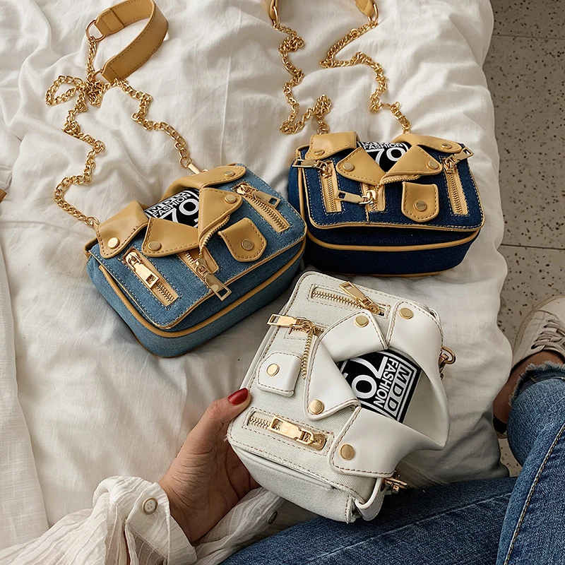 

Mini Crossbody Bags for Women Bags Motorcycle Chain Denim Clothing Shoulder Bags Zipper Jacket Bag Cute Lady Messenger Bag
