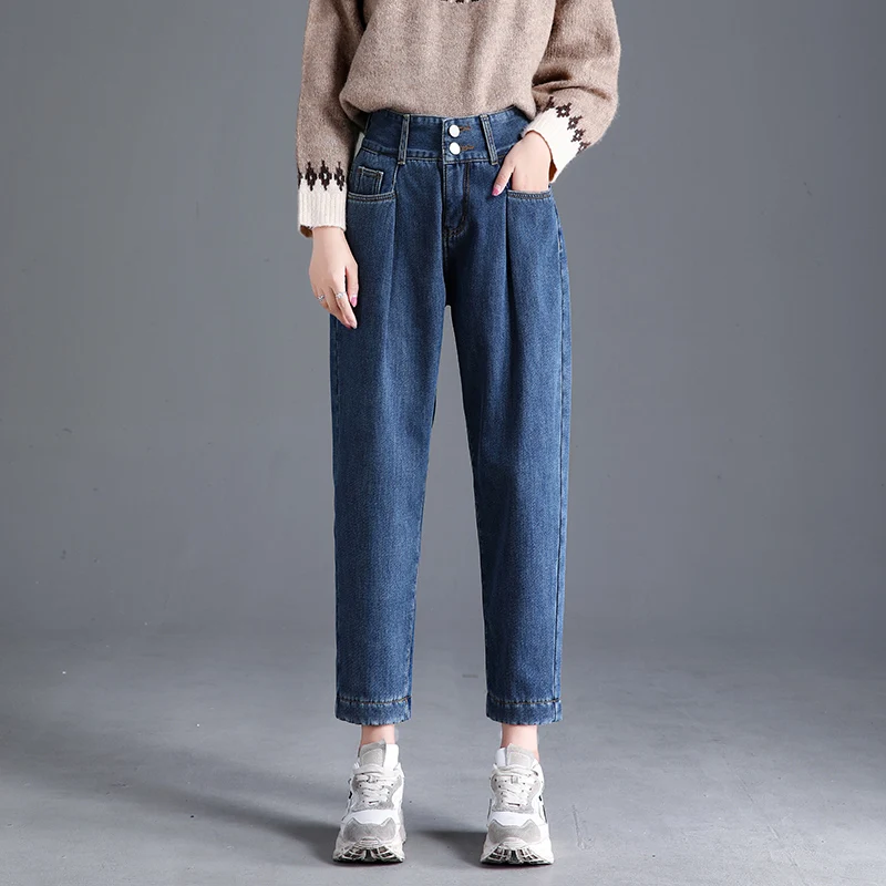 

Winter Women Plush Warm High Waist Loose Straight Jeans Lady Students Wide Legs Long Pants Fleece Thicken Female Jeansy Trousers