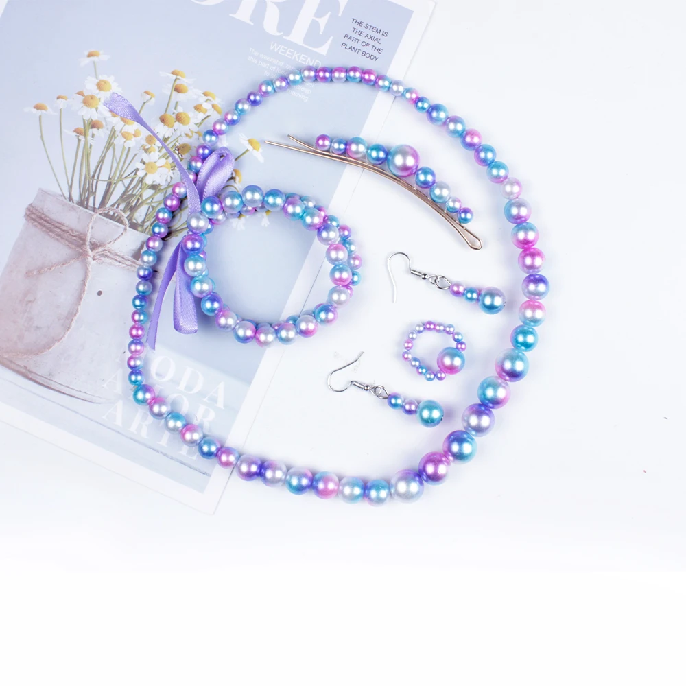 

5Pcs/Set Fashion Colorful Handmade Imitation Pearls Necklace Bracelet Earring Ring Girls Children Jewelry for Birthdays Gifts