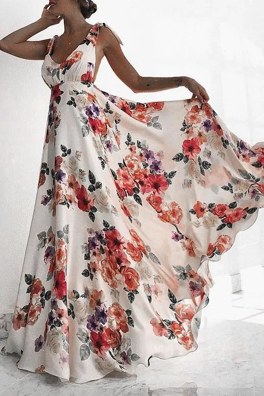 Платье-макси летнее Плиссированное с цветочным принтом и бантом | Женская одежда