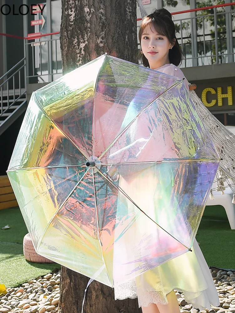 Креативный Радужный зонтик с длинной ручкой зонт из ПВХ прозрачный меняющий цвет