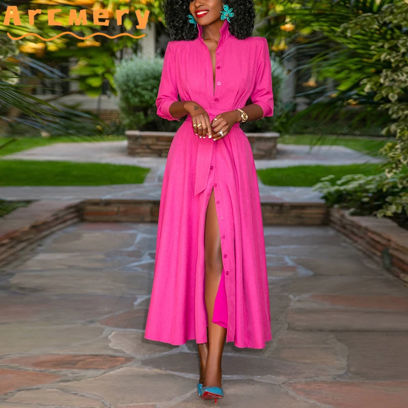 

Women Half Sleeve Button Design Belt Casual Maxi Dress