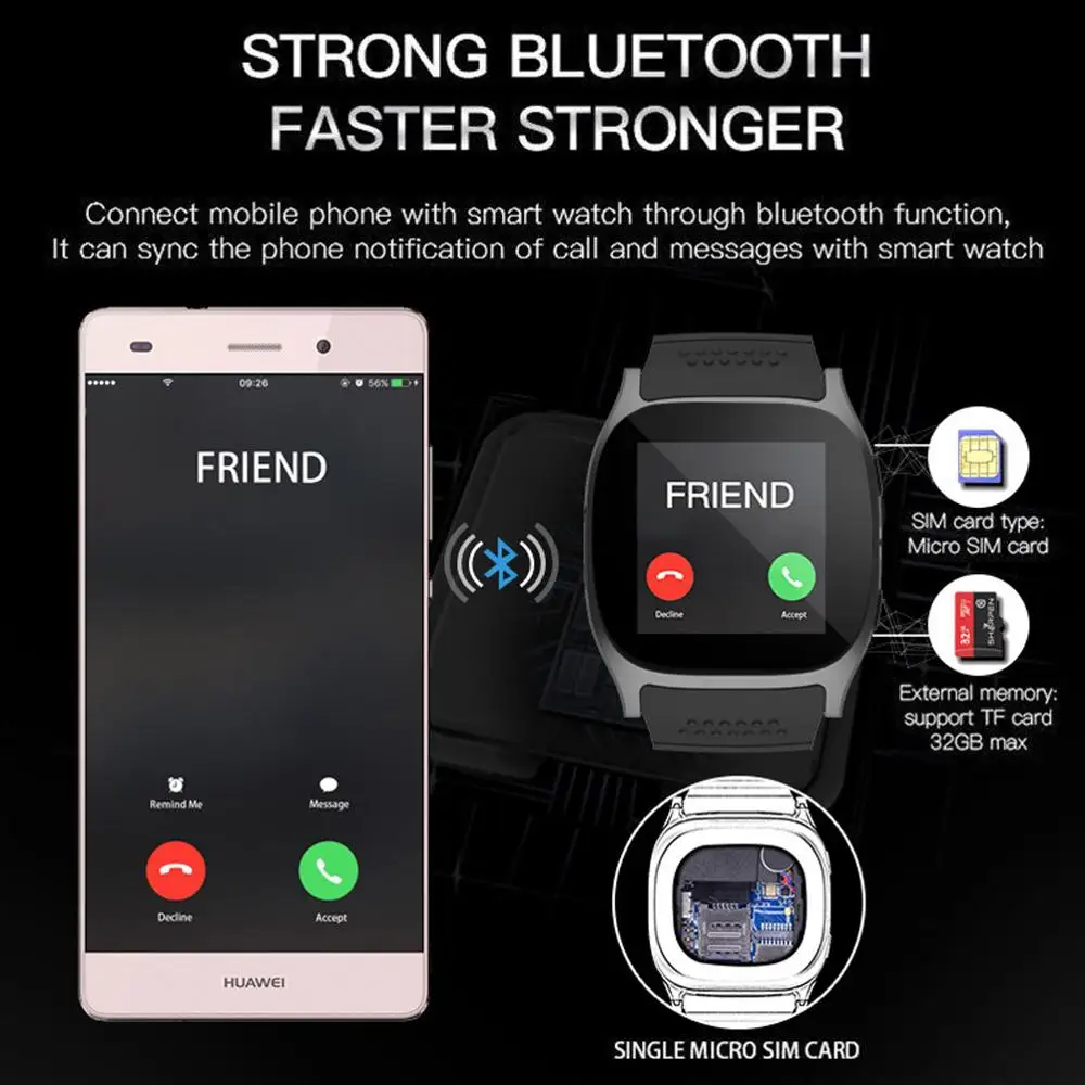 T8 Bluetooth Смарт-часы с камерой поддержкой sim-карты TF шагомер для мужчин и женщин
