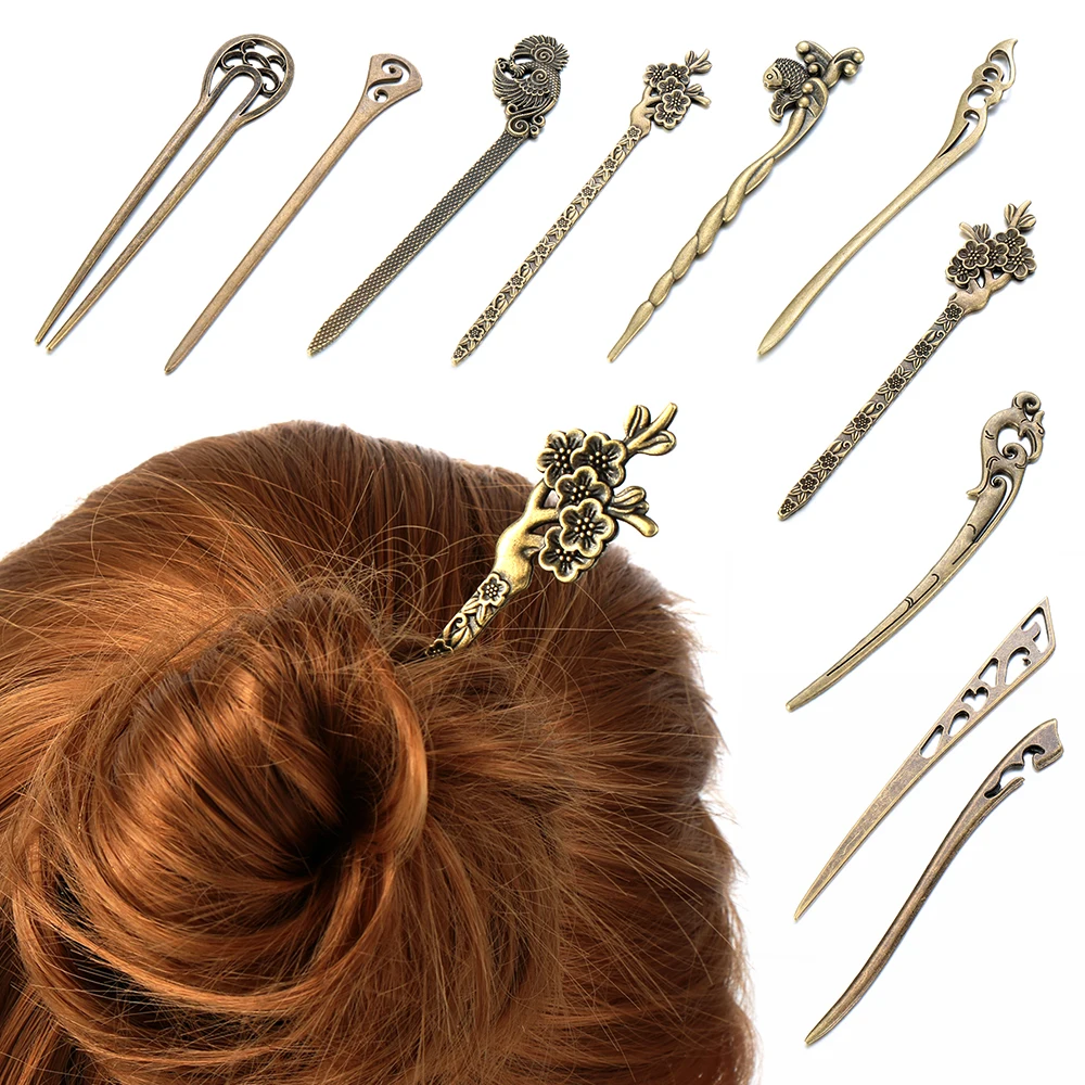 

Fashion Bronze Vintage Hair Clip Hollow Out Carved Hair Fork Metallic Hair Stick Curved Hairpin Hair Accessories Styling Tools