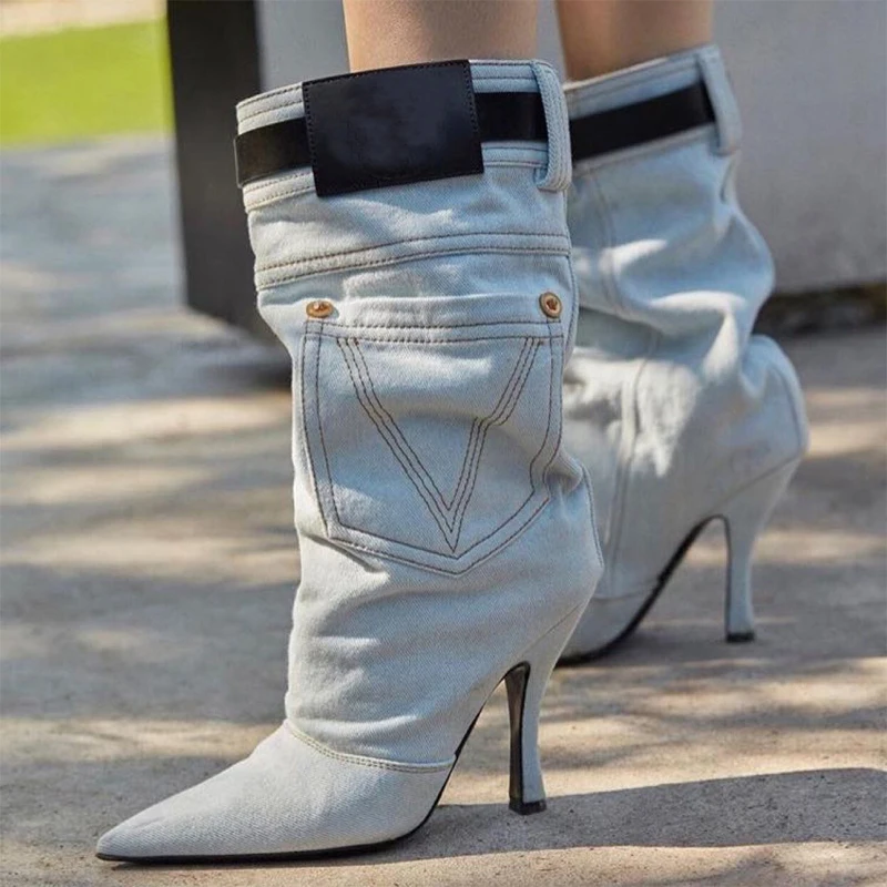 

New Denim Fashion Ladies Boots Autumn Winter 2021 High Quality Women's Shoes High Heel Tip Short boots Black Blue Big Size 34-43