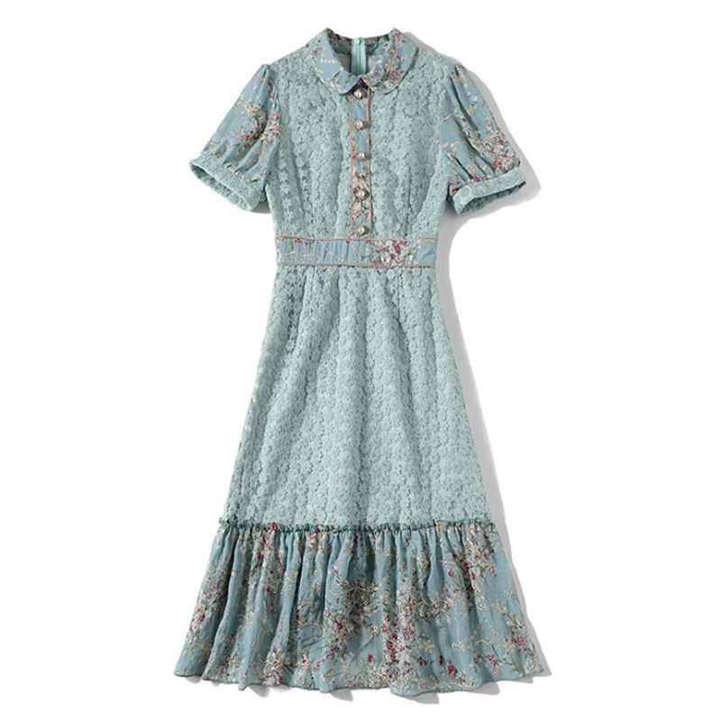 

Women's Summer 2021 New Puff Sleeve Lace Embroidery Stitching Fishtail Dress Thin Skirt