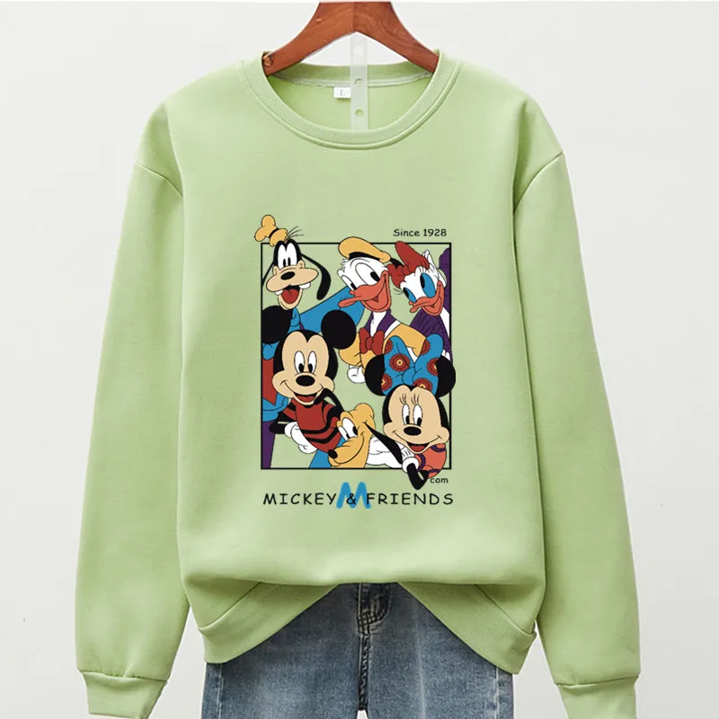 Disney Cartoon Mickey Mouse Women Sweetshirts Fall Long Sleeve Fleece 15 Colors Black Pink Green Tops Pullover Hoddie for Ladies