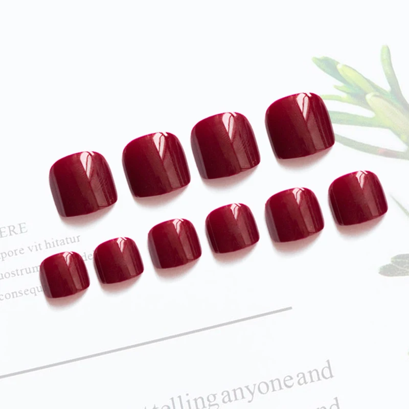 

24pcs Opal Red Decorative Full Cover Fake Toe Nail For Women Summer Burgundy Glitter Toe Feet False Nail Tips Wedding Nail Art