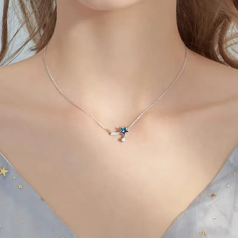 Роскошное ожерелье серебряного цвета с синей звездой и кристаллами для женщин