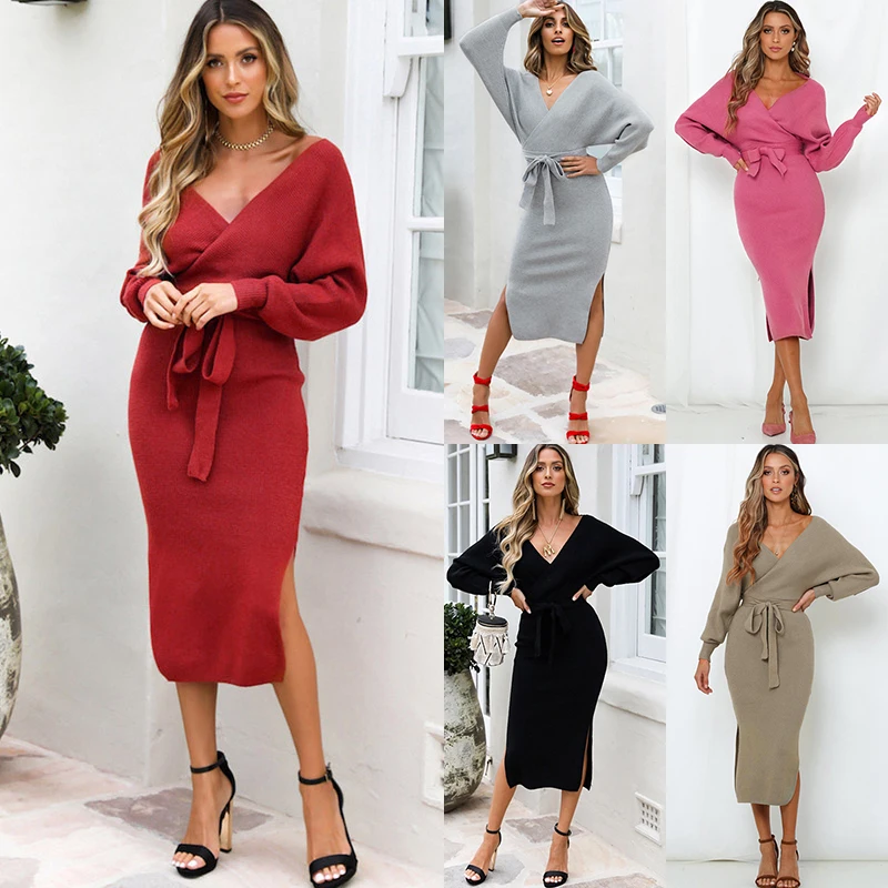 

2020 Solid Color Batwing Sleeve Maxi Pencil Dress Full Sleeve V-Neck Spring Autumn Long Dresses Knitted Slit Dresses with Sashes