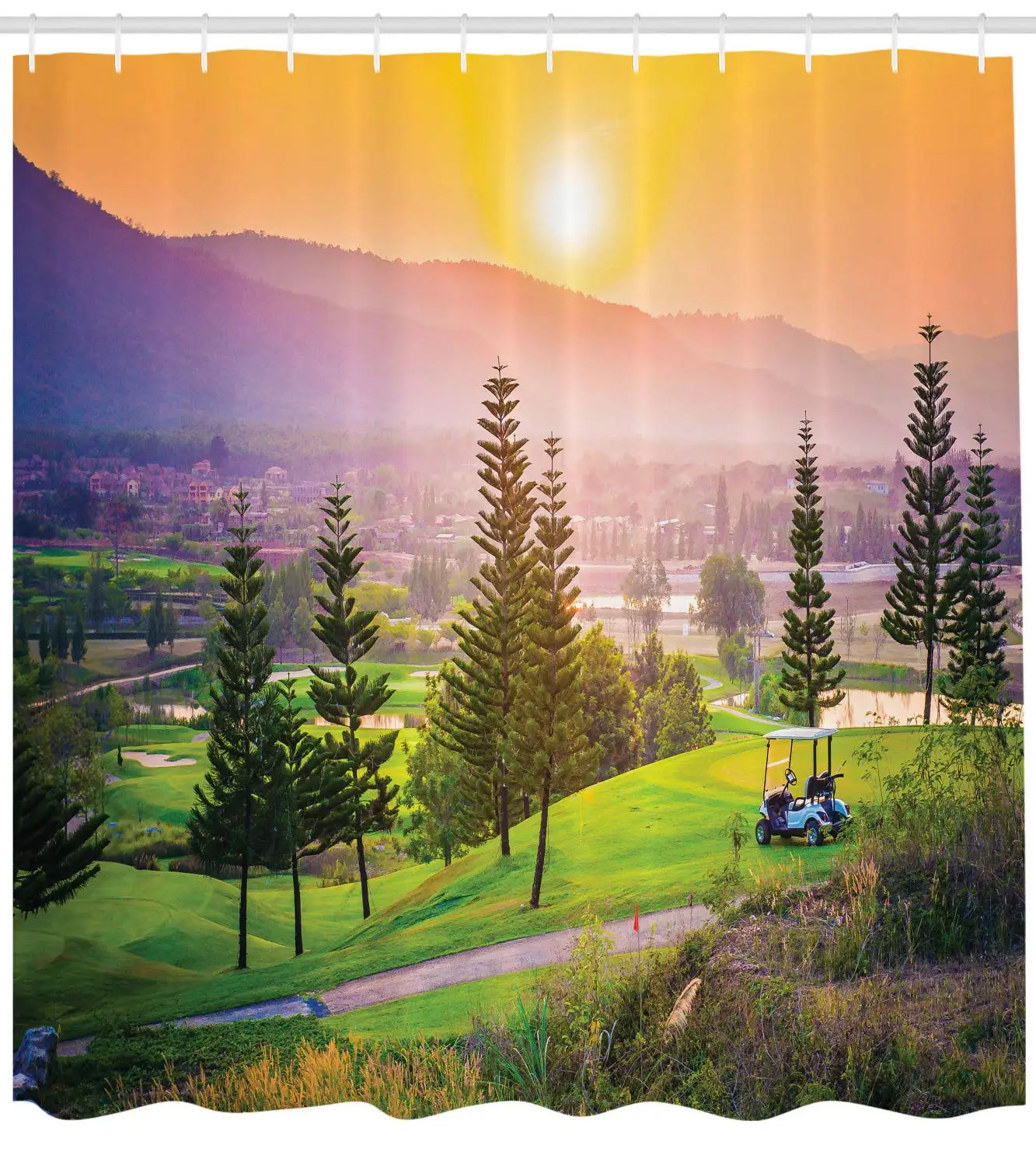 Nature Shower Curtain Golf Resort Park in Spring Season with Trees Sunset Hills and Valley End of The Day Bathroom Decor Set | Дом и сад