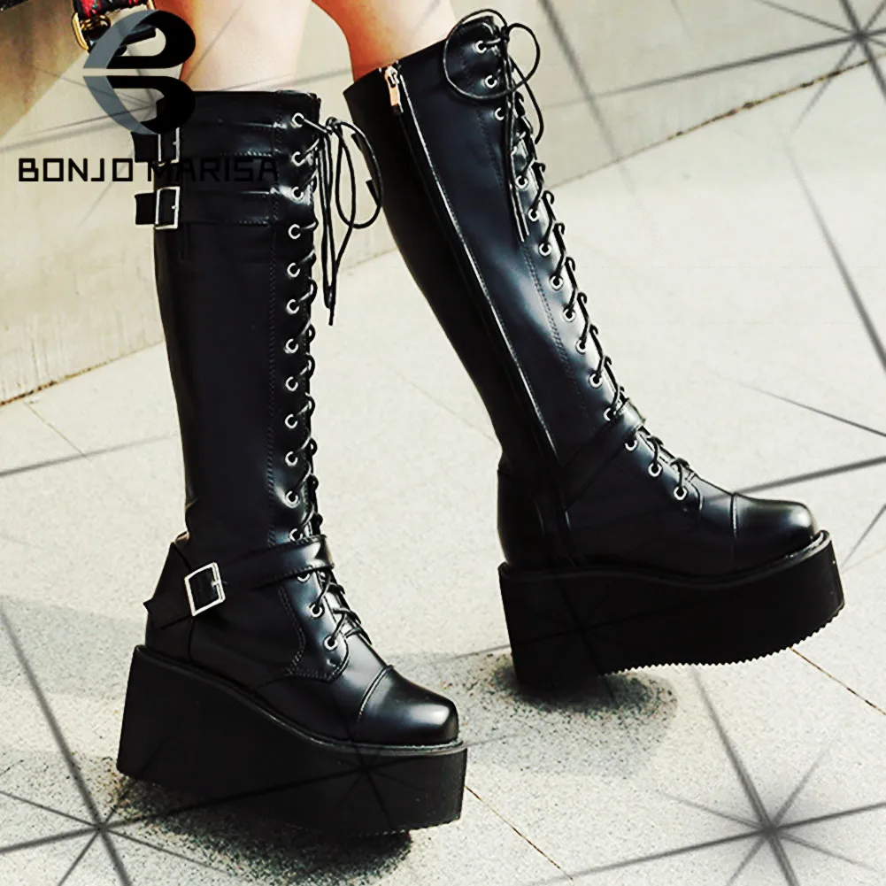 

BONJOMARISA New Arrivals Female Platform Wedges Buckle Lace Up Punk Motorcycle Boots Zipper Goth Thick Wedges Cool Autumn Shoes