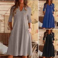 womens round neck five point sleeves with pockets pure color elegant casual and comfortable loose skirt