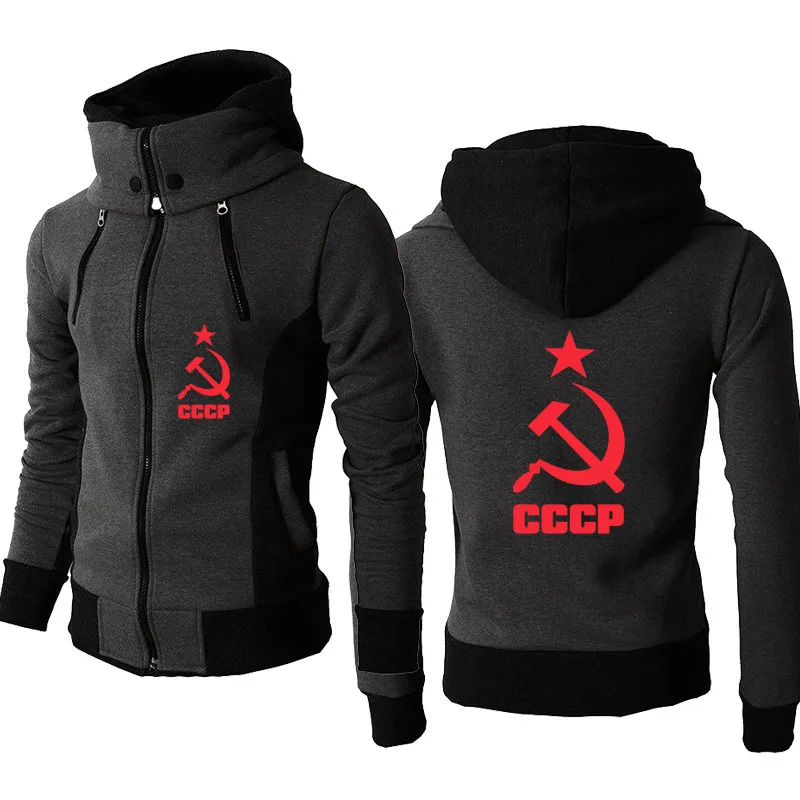 

NEW Autumn Winter Men Hoodies Coat CCCP logo printing Slim Zip up Jackets Solid Color Cotton Streetwear style Warm top