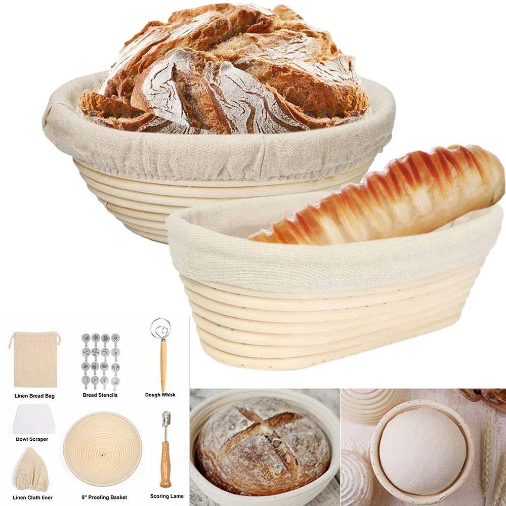 

Bread Fermentation Rattan Basket Natural Rattan Dough Baguette 5 Sizes with Cloth Cover Country Bread Cutter Proofing Baskets