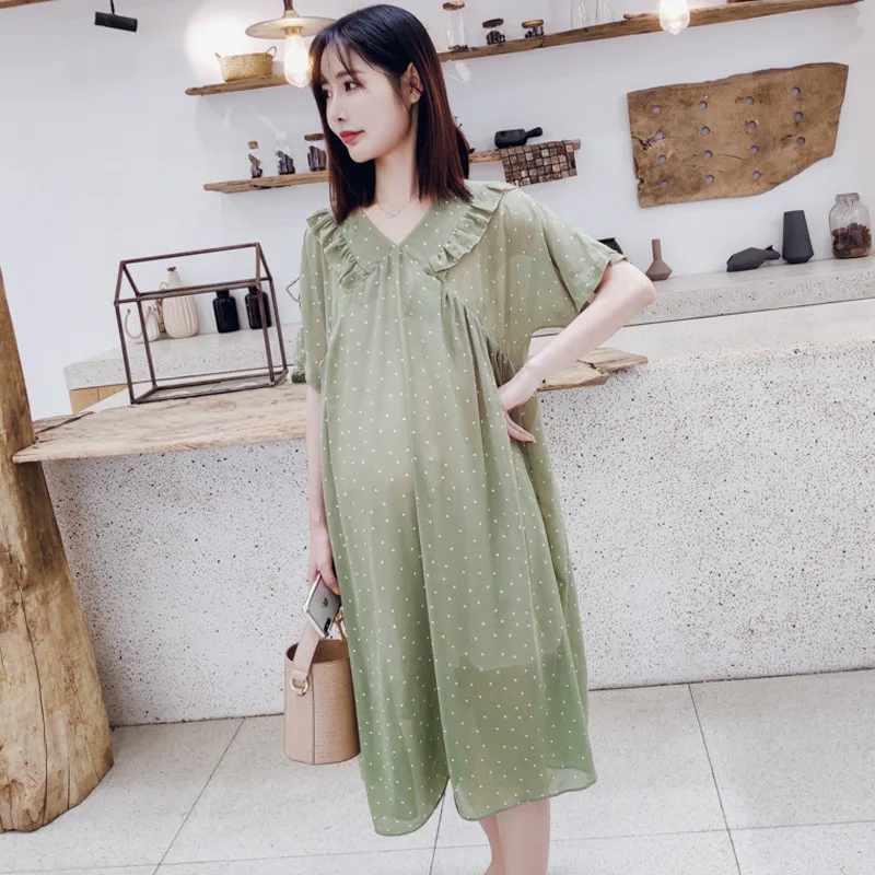 

Dress for Pregnant Women 2021 New Fashion Ruffle Dot Chiffon Dress for Maternity Pregnancy Clothing Maternity Short Sleeve Dress