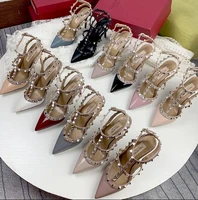 designer design brand sandals women pointed toe high heel rivets shoes v logo 10cm thin heel red wedding shoes 34 44 no box