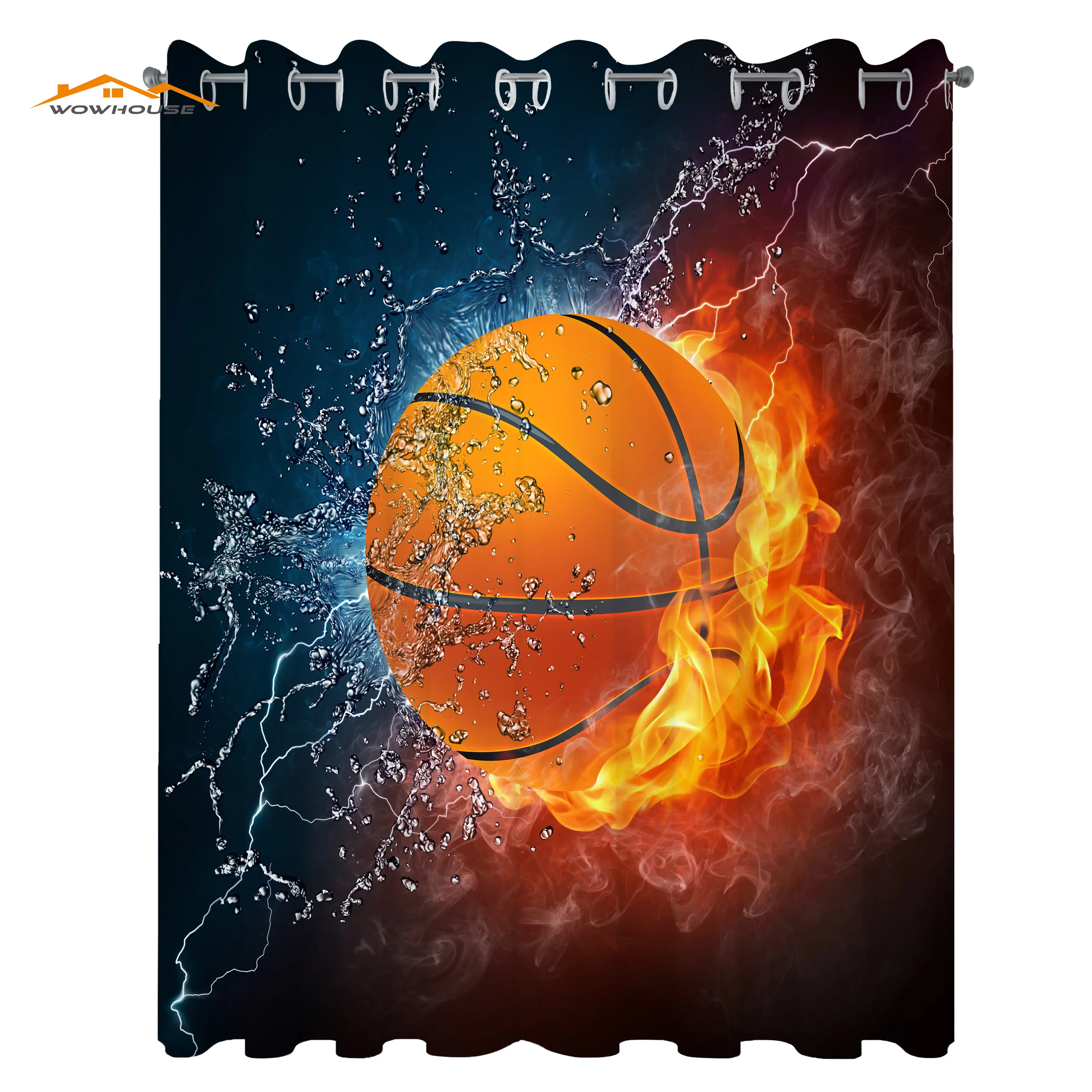 

Sports Curtains Basketball Ball on Fire and Water Flame Splashing Thunder Lightning Living Room Bedroom Window Curtain Dark Blue