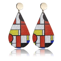 mondrian wood geometric dangle drop earrings for women classic art pattern earring accessory wholesale