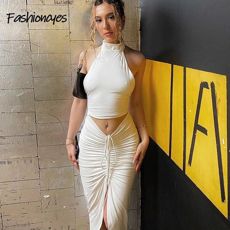 

Fashioncyes Halter Sexy Party Two Pieces Dress for Women Backless Strapless Bodycon Dresses Club Ruched Dress Women Summer 2021