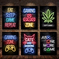 eat sleep game repeat gaming wall art poster gamer canvas painting neon poster prints for kids boys room decor picture playroom