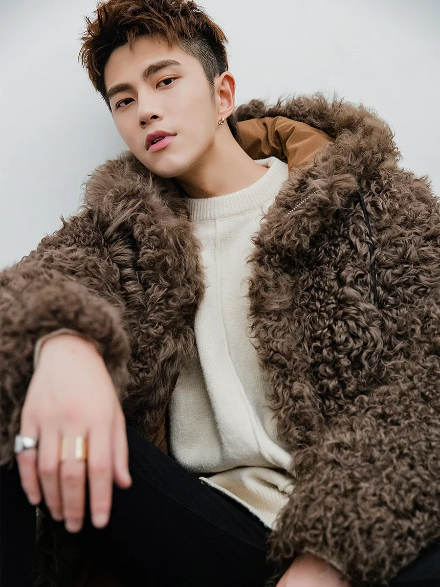 Мужская куртка из натурального меха Caot зимняя овечьей шерсти с капюшоном пальто