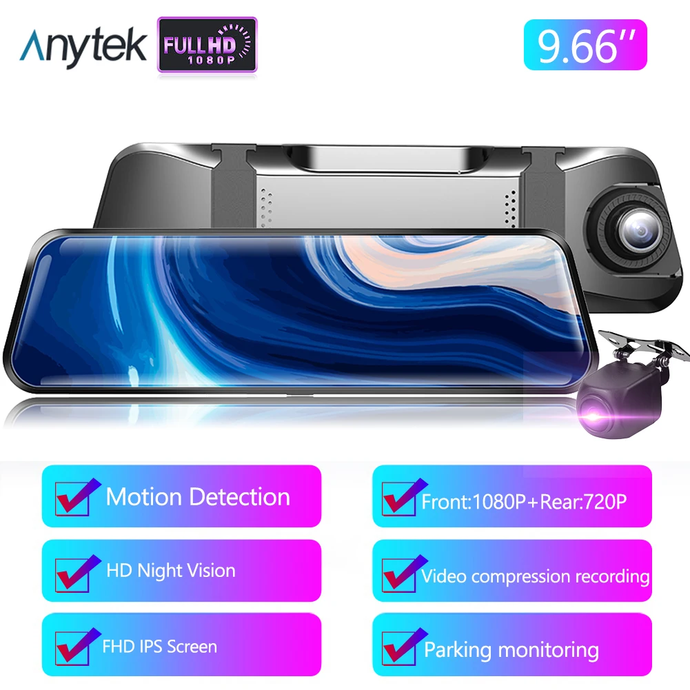 

Автомобильный видеорегистратор Anytek A46, Full HD 1080P, IPS-дисплей 9,66 дюйма, ночное видение, парковочный монитор, камера для приборной панели