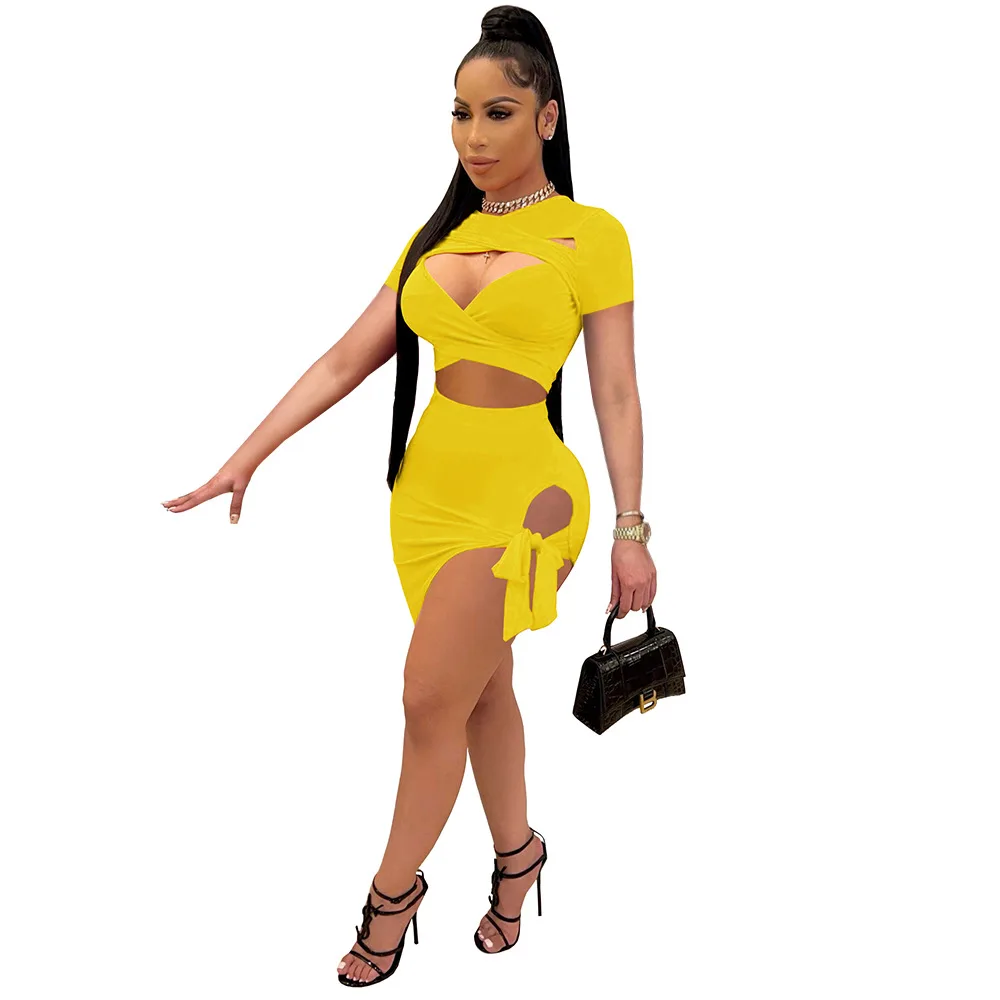 

Sexy Women Skirt Suit Hollow Out Party Night Clubwear High Street Irregular Bow Summer Clothes For Women