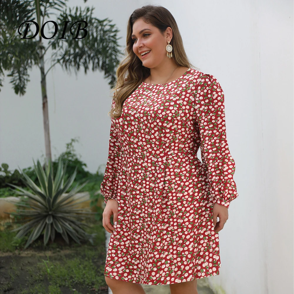 

DOIB Women Cherry Print Dress Women Round Neck Loose Casual Long Sleeve Plus Size Dress 2021 Fashion Female Dress