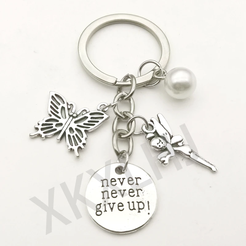 

New Cute Butterfly Elf Key Chain Pearl Pendant Keychain Never Give Up Women Bag Charm Jewelry Spring Day Party Souvenir Key Ring