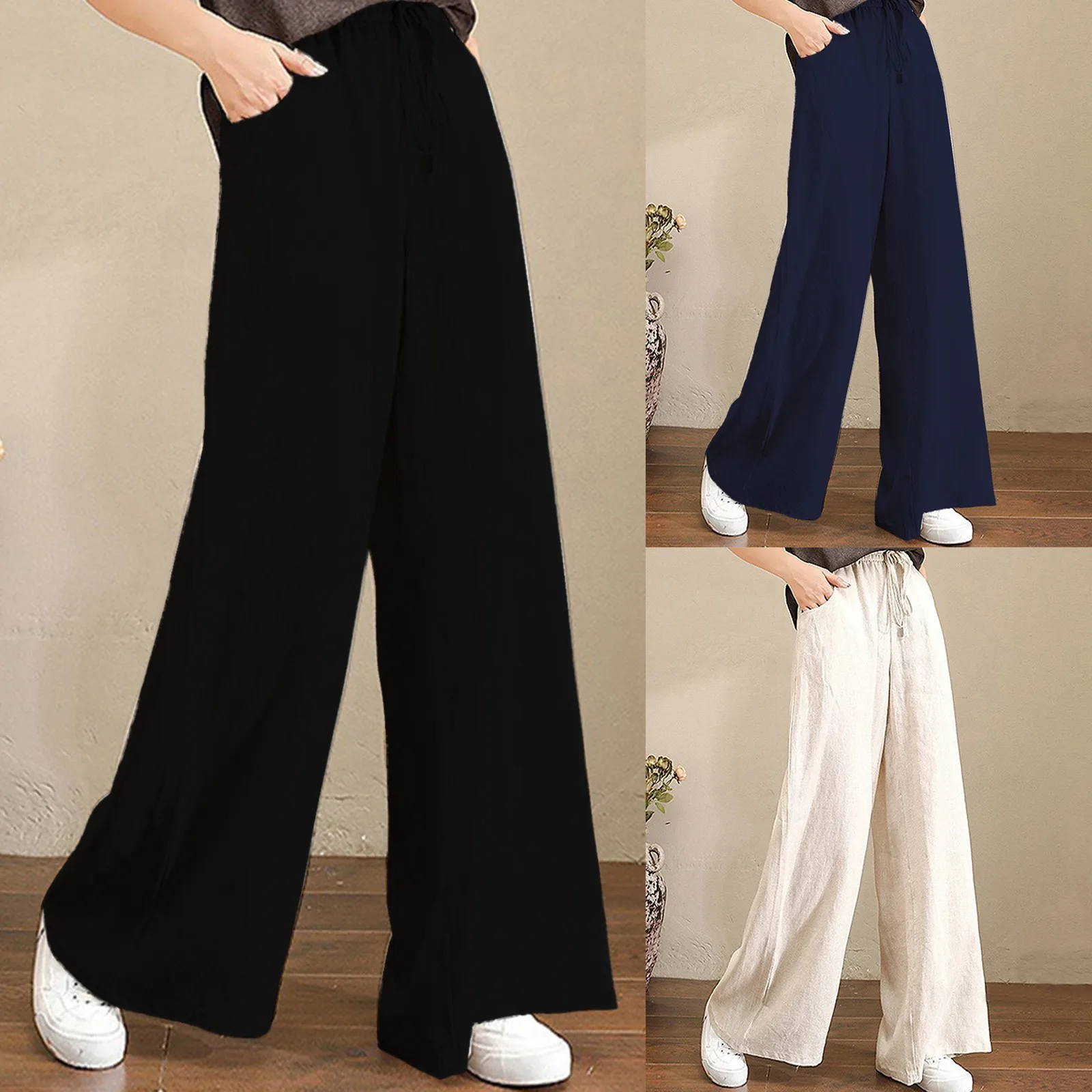 

Autumn Cotton Linen Pants Women Candy Color Casual Loose Wide Leg Pants Women Ankle Length Trousers Female Elastic Waist Pant