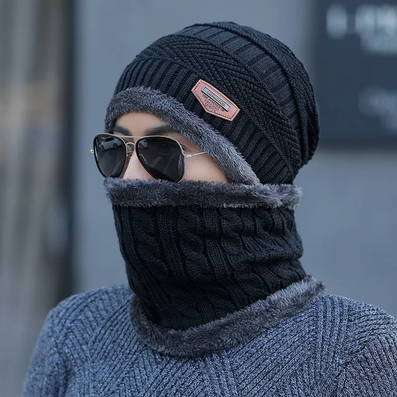 Coral Fleece Winter Beanies Hats Scarf For Mens Soft Warm Breathable Wool Knitted Winter Hat Letter Double Layers Cap
