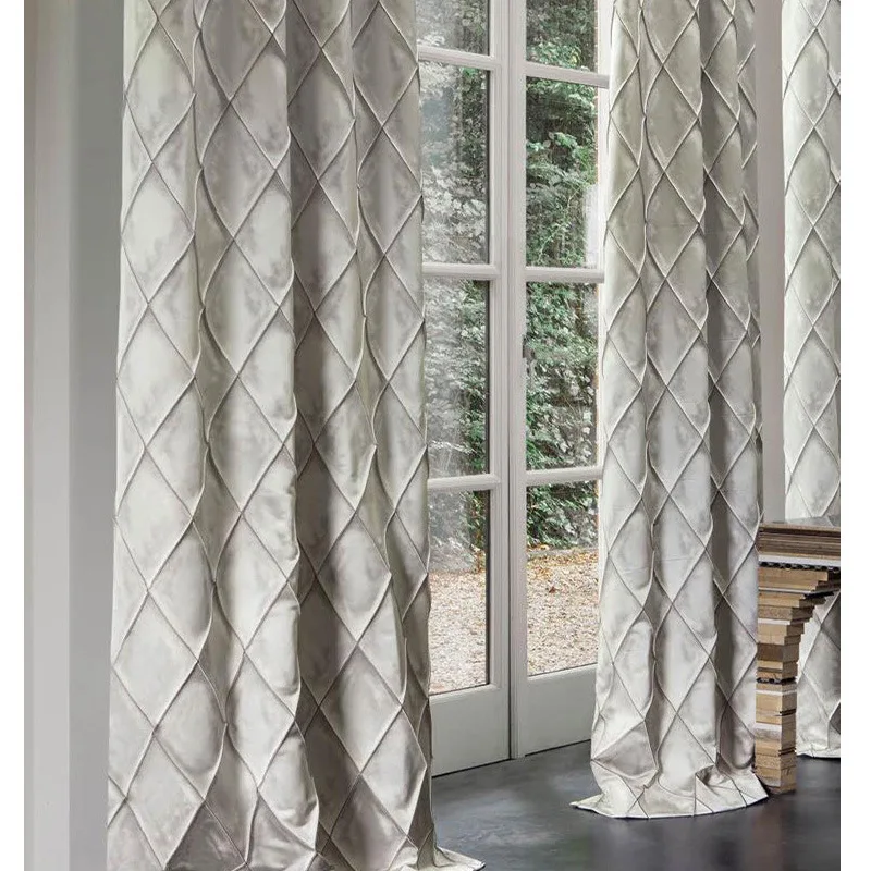 

Luxury Rhombic lattice Grey Curtains Drapes for Living Room Finished Blackout Nordic Soft Fabric Curtains Panel for Villa Cafe