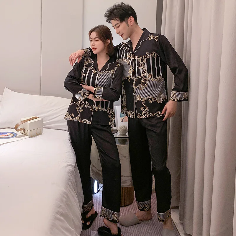 

Couple 2PCS Shirt&Pants Suit Pajamas Satin Print Lapel Lingerie Sleepwear Long Sleeve Summer Nightwear Home Clothes Lounge Wear
