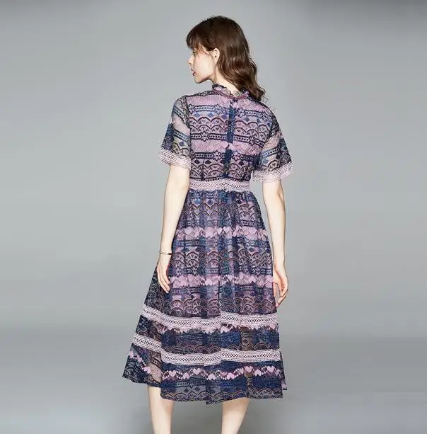 

Women's spring summer short sleeve bow collar purple lace dress female runway fashion high waist plus size A-line dress TB775