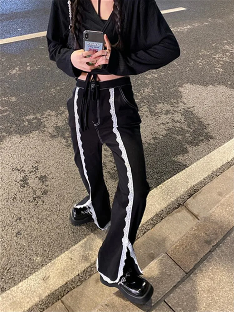 

Design Sense Lace Edge Black Jeans Women's Loose Fat Sister High Waist Split Pants Japanese Fashion Denim Trousers 2022 New