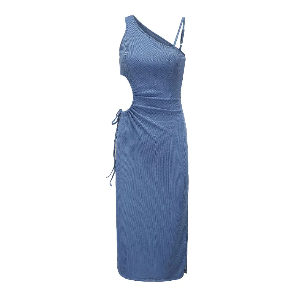 

ZOTTSOZ One Shoulder Sling Mid Length Dress Women Summer 2021 Sexy Split Bag Hip Hollow Long Dresses Fashion Club Party Dress