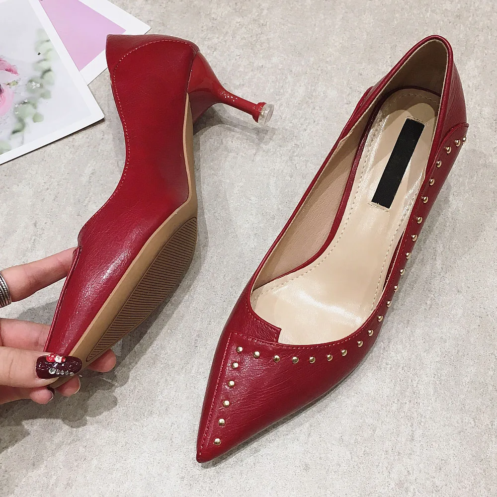 Women Pumps 2020 Brand Spring High Heels Shoes Fashion Pointed Toe Rivet Female 6cm Heel Office Ladies Party Single | Обувь
