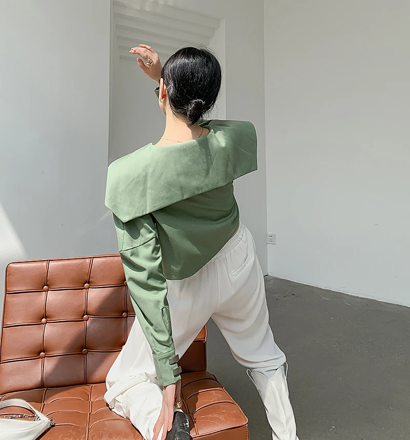 

CHEERART Mint Green Long Sleeve Crop Top Women Blouse Lantern Sleeve Sailor Collar Ladies Top Autumn 2021 Designer Clothes