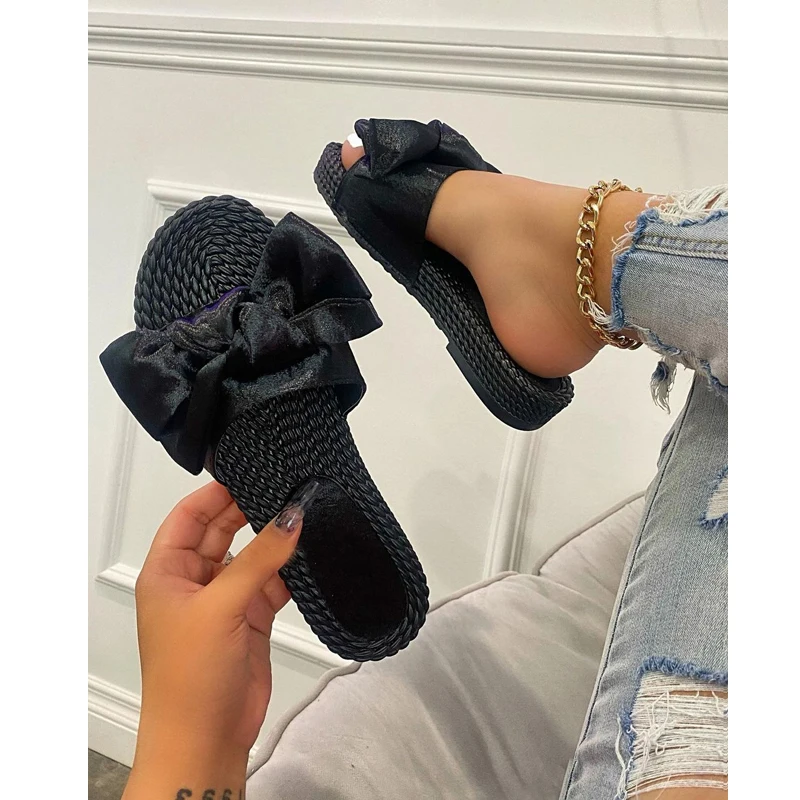 

2021 Summer New Style Thick Bottom Pattern Bow Knot Open Toe Large Size Outdoor Women Beach Slippers