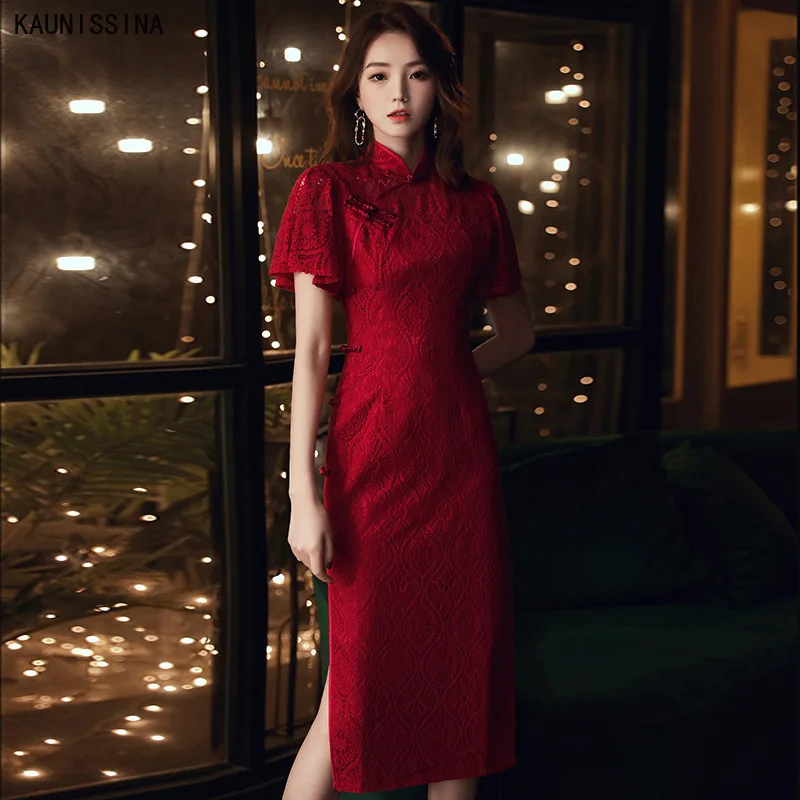 

KAUNISSINA Engagement Formal Dress Chinese Traditional Cocktail Dresses Mandarin Collar Qipao Prom Gowns Elegant Lace Vestidos