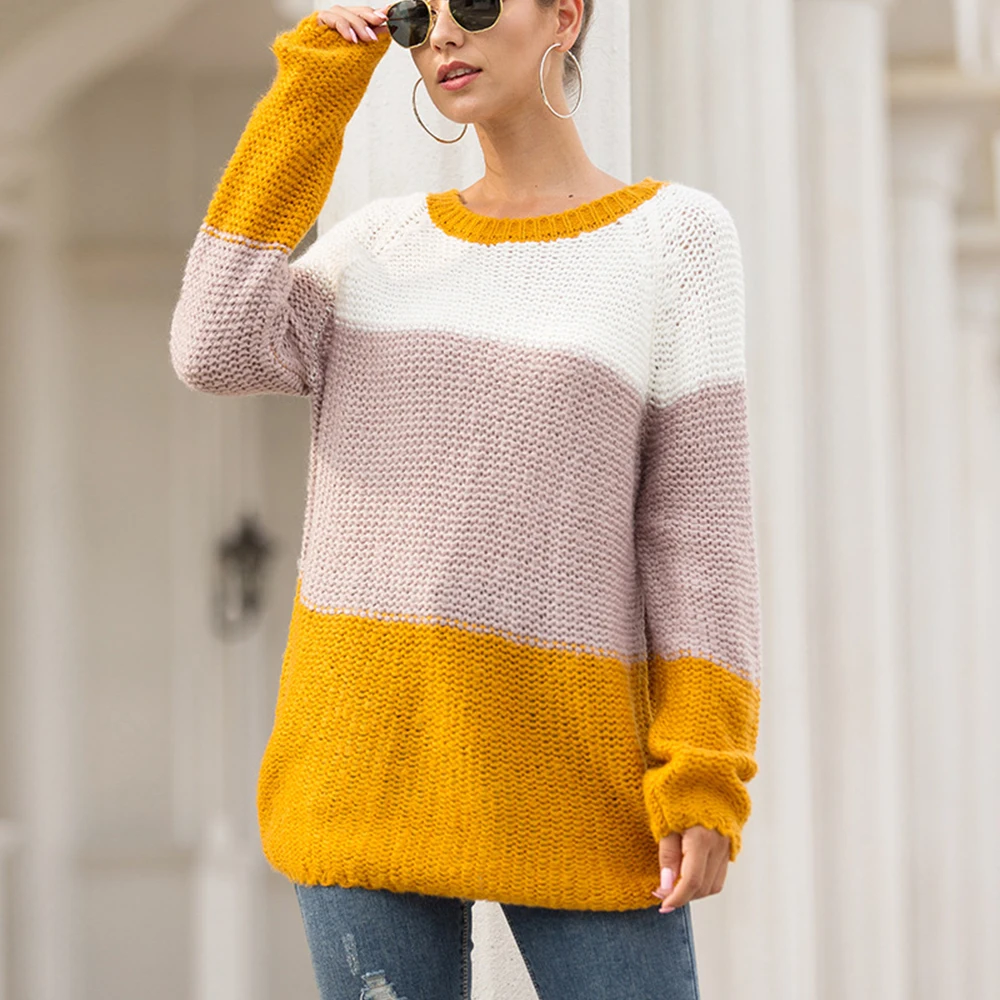 

New Fashion Knitted Striped Sweater Women Casual Long Sleeve Patchwork Pullovers Loose Jumper Pull Femme Knitwear Winter Clothes
