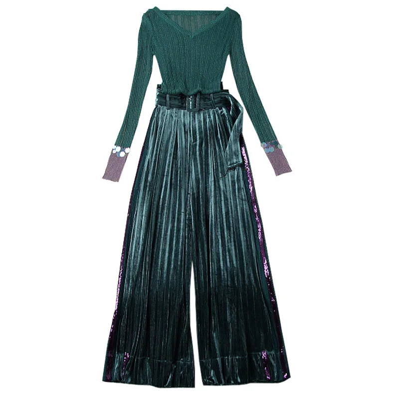 Женский бархатный костюм со штанами Осень-зима 2019 вязаный свитер с люрексом