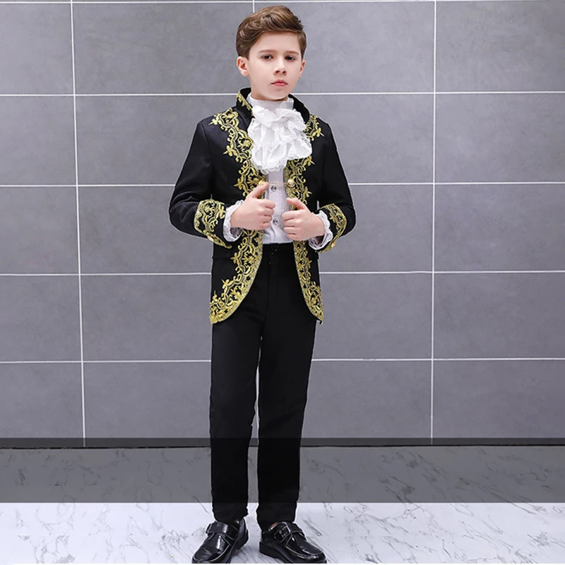 Children Boys European Court Palace Costumes Inlaid Gold Flower Stage Prince Charming Performance Dress Suit Jacket Coat