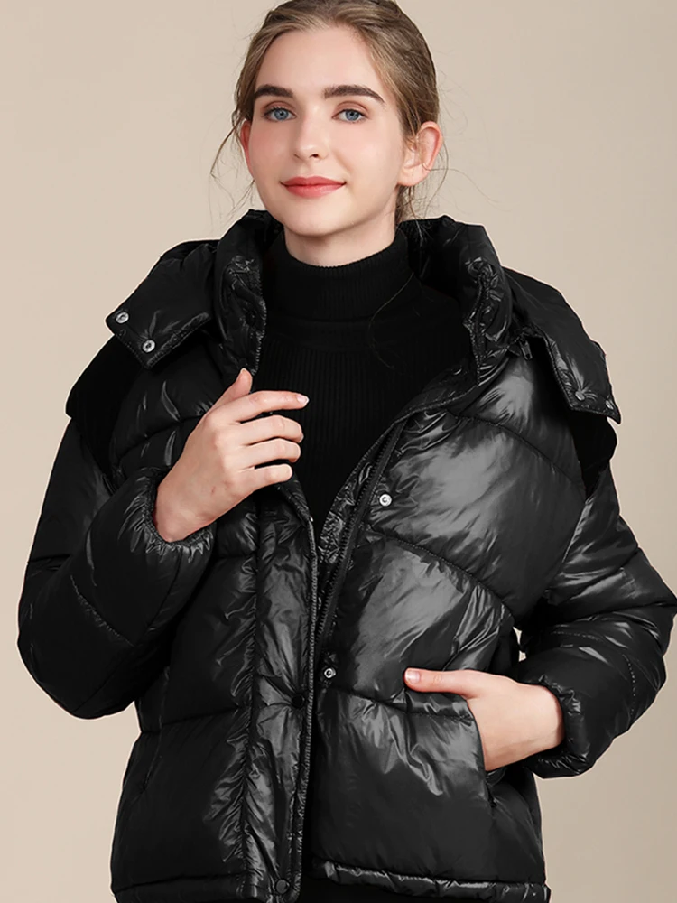 

Женское зимнее пальто, базовая однотонная нейлоновая однобортная куртка-пуховик черного цвета с открытыми плечами и застежкой-молнией